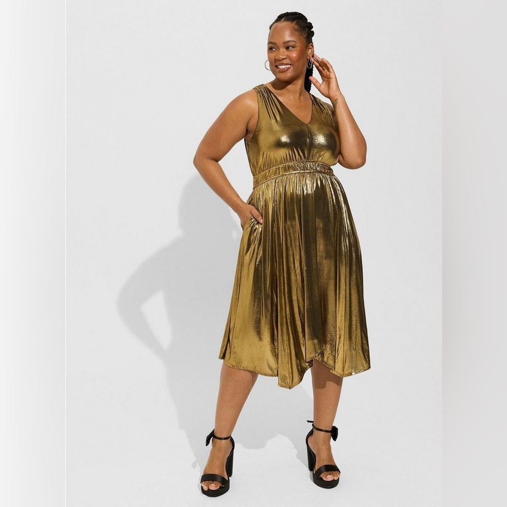Liquid Knit Double V-Neck Sharkbite Dress Tea Length